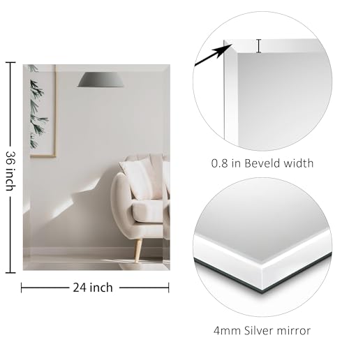 KOHROS 24X36 Inch Frameless Bathroom Mirror Rectangle Mirror for Wall - color: Rectangular, size: 36"L x 24"W