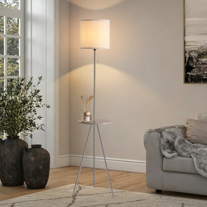 Floor Lamp with Side Table, Linen Shade, Standing Lamp for Living Room - color: Dark Grey