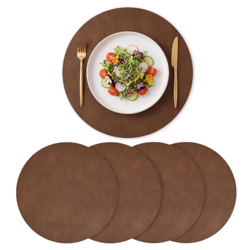 Artoid Mode Brown Faux Leather Placemats Set of 4, 15 Inch Waterproof Wipeable Heat Resistant Vinyl Place Mats, Reversible Table Mats for Kitchen Dining Decor - color: Brown, size: 15", Round 4 Pcs