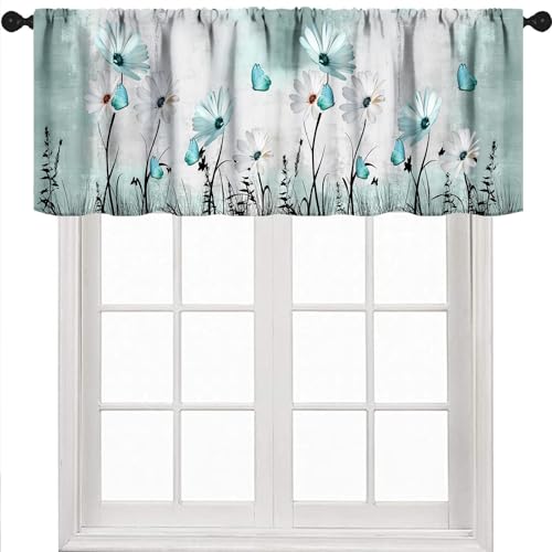 Flower Daisy Window Valance for Kitchen,Rustic Retro Blue Teal Floral Farmhouse Spring Butterfly Plant Farm Window Treatment for Bedroom Living Room 1 Piece,54x18 Inch - color: Daisy-3