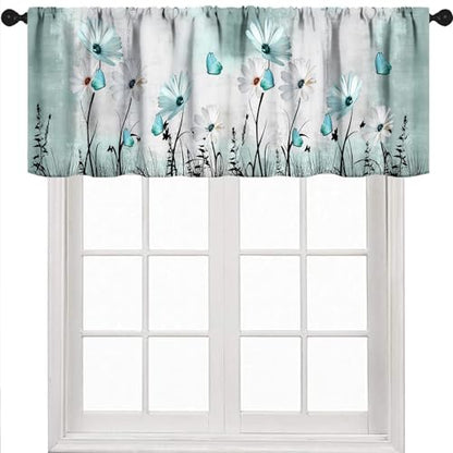 Flower Daisy Window Valance for Kitchen,Rustic Retro Blue Teal Floral Farmhouse Spring Butterfly Plant Farm Window Treatment for Bedroom Living Room 1 Piece,54x18 Inch - color: Daisy-3