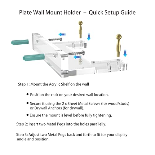 Wall-Mount Acrylic Display Shelf for Plates, Acrylic Plate Stand with Adjustable Display Angle, Ideal Hanger for 6-16 Inch Plates, Picture Frames, Bowl, Certificate, Artwork, Gold Pegs - 1 Pack - color: Gold Pegs