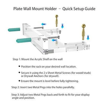 Wall-Mount Acrylic Display Shelf for Plates, Acrylic Plate Stand with Adjustable Display Angle, Ideal Hanger for 6-16 Inch Plates, Picture Frames, Bowl, Certificate, Artwork, Gold Pegs - 1 Pack - color: Gold Pegs