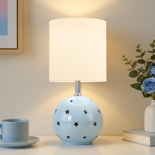 Small Table Lamp, 14" Blue Ceramic Bedside Lamp for Girls Kids Bedroom,Dorm - color: Blue