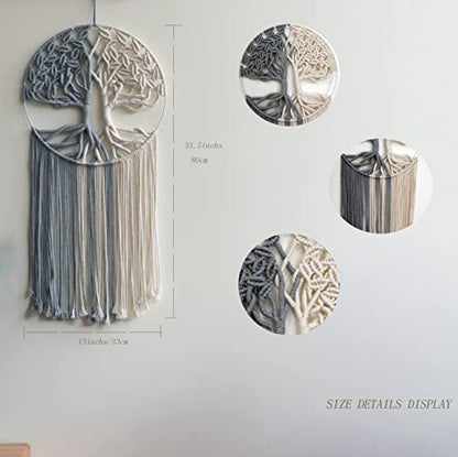 GUKALYLY Tree of Life Macrame Wall Hanging, Handmade Woven Boho Wall Art, Grey and White Round Macrame Wall Decor for Bedroom Nursery Apartment Dorm, Gift for Mom & Women, 13" W x 31.5" L