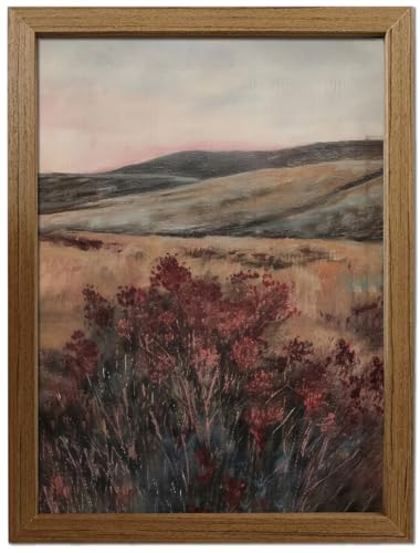 Framed Landscape Wall Art Canvas — Rustic Mountain Field with Red Wildflowers, Neutral Earth Tone Nature Print, Vintage Framed Wall Decor for Living Room Bedroom, Farmhouse Cottage Boho, Ready-to-Hang - color: safflower, size: 16"L x 12"W