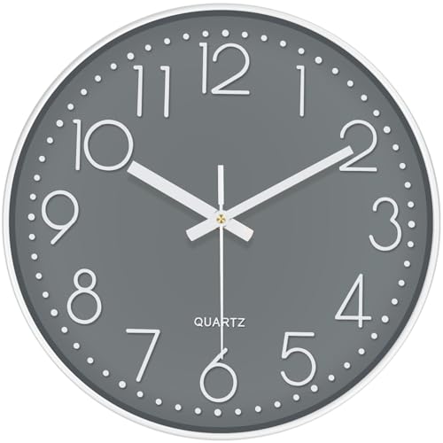 Modern Silent Wall Clock - 12 Inch Wall Clocks Battery Operated Large Number, Non-Ticking Analog Clock with Tempered Glass Quartz Clocks for Living Room Bedroom Office Kitchen, Grey - color: Gray, size: 12 Inch