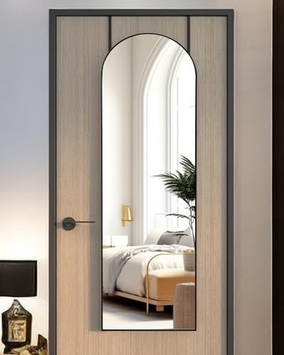 KOMCOTE Full Length Mirror 48x14 Inches - Over The Door Hanging Mirror for Bedroom, Living Room, Closet - Arch Floor Mirror, Door Mirror with Black Frame - No Drill Easy Install - color: Black, size: 48"L x 14"W