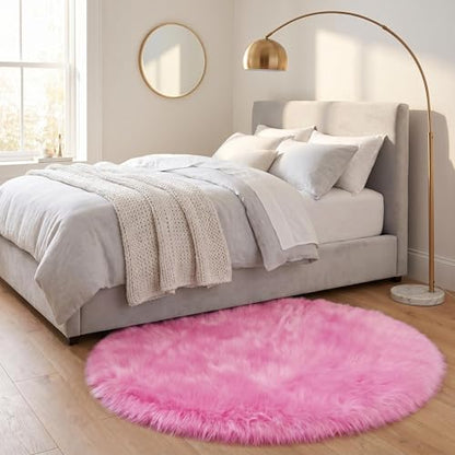 duduta Hot Pink Faux Fur Sheepskin Round Rug 4x4 ft, Fluffy Shag Circle Rug - color: Hot Pink, size: 4' x 4' (Round)