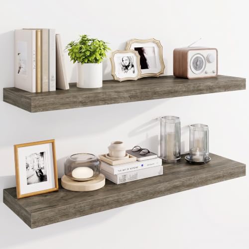 Marsmiles 36" Floating Shelves for Wall, Wooden Shelves with Invisible Brackets Set of 2, Rustic Farmhouse Wall Mounted Shelf for Kitchen Bathroom Living Room Study, Grey - color: Grey, size: 36"