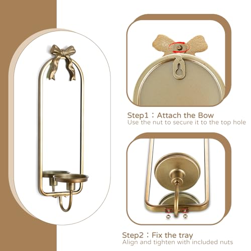 Gold Mirrored Candle Sconces Set of 2 with Arch Metal Frame - color: Gold