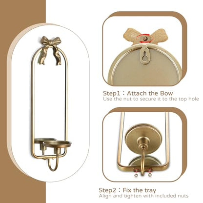 Gold Mirrored Candle Sconces Set of 2 with Arch Metal Frame - color: Gold