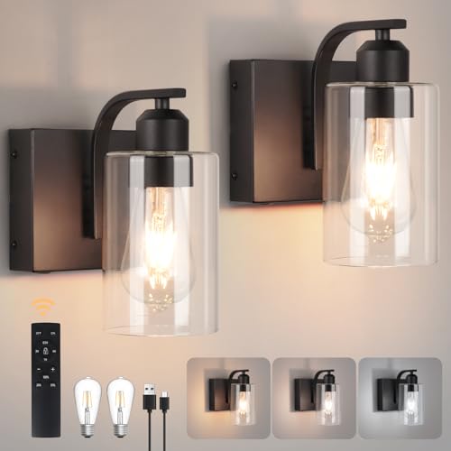 BELS 8 Inch Battery Operated Wall Sconces Set of 2, Farmhouse Wall Lights Fixture with Clear Glass, 4000K, Remote Control, Dimmable, Black Wall Sconces for Mirror, Bathroom, Bedroom - color: Black