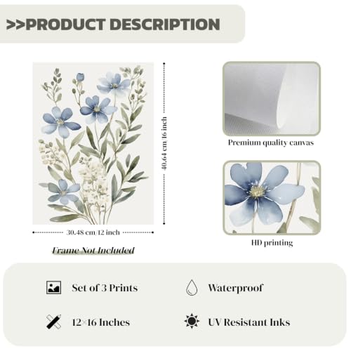 Beayum Blue Wildflower Watercolor Canvas Wall Art, Unframed, Set of 3 - color: Blue Wildflower Prints, size: 16"L x 12"W Unframed