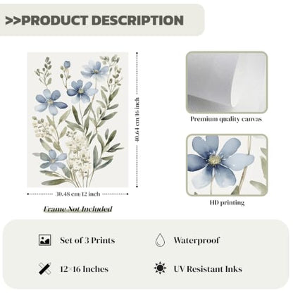 Beayum Blue Wildflower Watercolor Canvas Wall Art, Unframed, Set of 3 - color: Blue Wildflower Prints, size: 16"L x 12"W Unframed