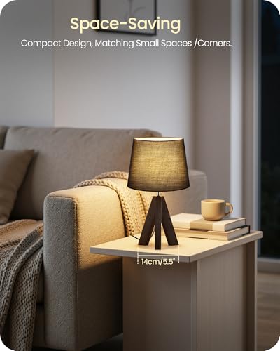 Small Table Lamp for Bedroom, 14.6" Bedside Lamp with Black Linen Shade & Walnut Wood Tripod Base, Modern Nightstand Lamp, Blak Lamp for Living Room, Nursery, Entryway, E26 Socket, VB51TL05 - color: Black+Dark Walnut
