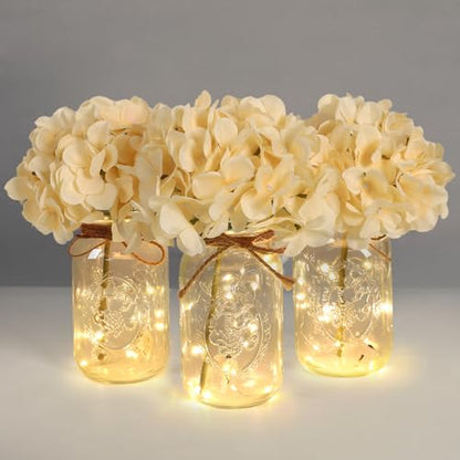 Set of 3 Mason Jar Lights, Champagne Hydrangea Holiday Table Decor - color: Jar-champagne Hydrangea