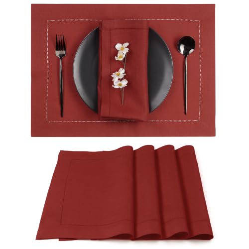 Signature Linen™ by D'Moksha, Red Placemats Set of 4, 14 x 19 Inch, 100% Pure Linen Table Mats, Hemstitch, Machine Washable Cloth Placemats- Fall, Weddings, Outdoor Hosting - color: Red, size: Set of 4 (14 X 19 Inch)