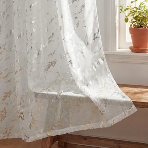 Horaldaily 2Pcs White Sheer Curtains 52x63in, Silver Sequin Marble - color: White and Sliver, size: 52"W x 63"L (Pack of 2)