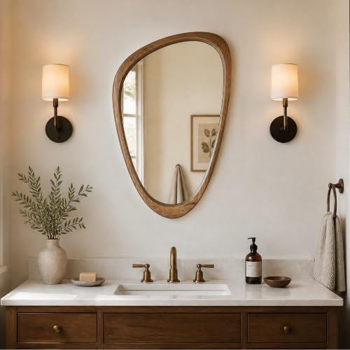 Asymmetrical Irregular Solid Wood Framed Wall Mirror, 20"x30" - color: Walnut, size: 30"L x 20"W