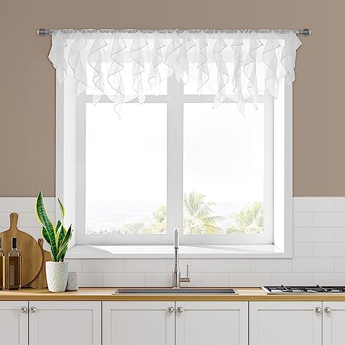 PearAge Ruffled Voile Semi Sheer Curtain Valance, Kitchen Living Room Shabby Chic Ruffle Valance Curtains, Girls Daughters Bedroom Cascade Window Valance 52x26 Inches (White-Triangle) - color: White