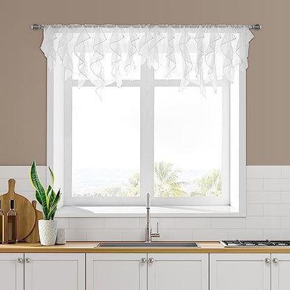 PearAge Ruffled Voile Semi Sheer Curtain Valance, Kitchen Living Room Shabby Chic Ruffle Valance Curtains, Girls Daughters Bedroom Cascade Window Valance 52x26 Inches (White-Triangle) - color: White