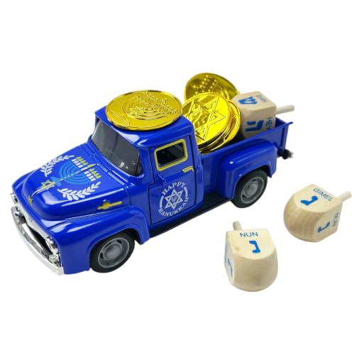 Hanukkah Truck Decor with 3 Wooden Dreidels and Gold Gelt Coins, 5.7-Inch - color: Hanukkah Blue