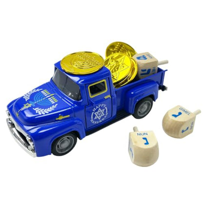 Hanukkah Truck Decor with 3 Wooden Dreidels and Gold Gelt Coins, 5.7-Inch - color: Hanukkah Blue
