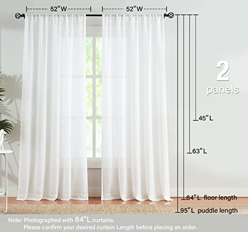 Linen Textured White Sheer Curtains for Living Room Bedroom 52x84" Privacy - color: White - Rod Pocket, size: 52"W x 84"L (Pack of 2)