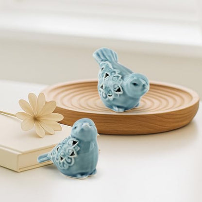 Ceramic Bird Figurines Set of 2, Blue Bird Decor for Shelf Table Desk
