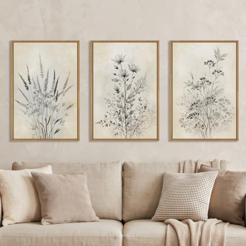 Large Neutral Flower Botanical Framed Canvas Wall Art,Boho Wildflowers Ink Wall Decor,Vintage Bouquet Wall Painting,Nature Artwork for Living Room,Bedroom,Dining Room,Office -16"x24"x3 - color: Neutral Botanical Wall Art, size: 24"L x 16"W