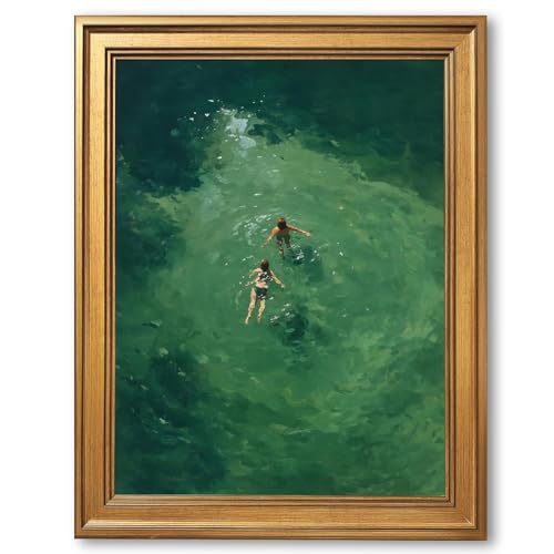 EQUEEN Green Abstract Swimming Poster Retro Wall Art Holiday Wall Decor Minimalist Canvas Print For Living Room Bedroom Office8x10inch Golden frame