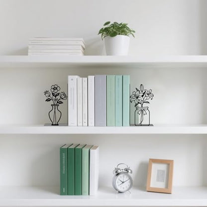 Metal Bookends Flower Vase Book Ends for Shelves - color: Black - 1 Pair Flower Vase