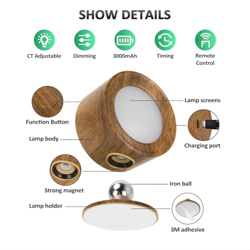 Racokky LED Wall Mounted Lights with Remote, Rechargeable Wall Sconces - color: Walnut Wood