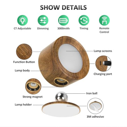 Racokky LED Wall Mounted Lights with Remote, Rechargeable Wall Sconces - color: Walnut Wood
