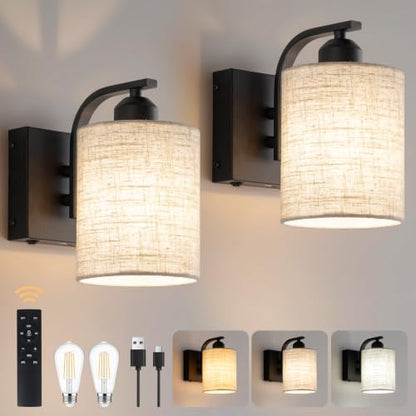 BELS 8 Inch Battery Operated Wall Sconces Set of 2, Farmhouse Black Wall Lights Fixture with Fabric Shade, 3 Colors Temperature, Remote Control, Dimmable, Wall Sconces for Mirror, Bathroom, Bedroom - color: Fabric