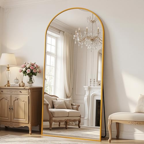 Antok 76" x 34" Arched Full Length Floor Mirror, Aluminum Frame, Gold - color: Gold, size: 76"L x 34"W