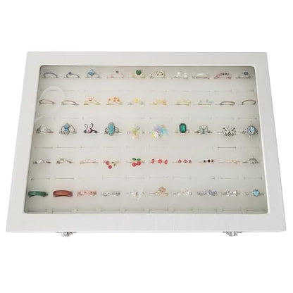 100-Slot Ring Organizer Box with Dust-Proof Transparent Glass Lid - color: Beige-100 rings