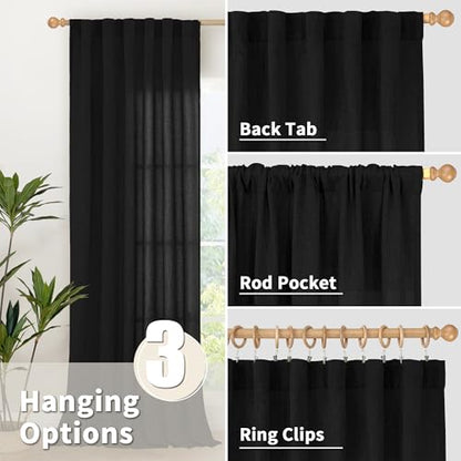 YoungsTex Black Linen Semi Sheer Curtains 45 Inches Long 2 Panels - color: Black, size: 42"W x 45"L (Pack of 2)