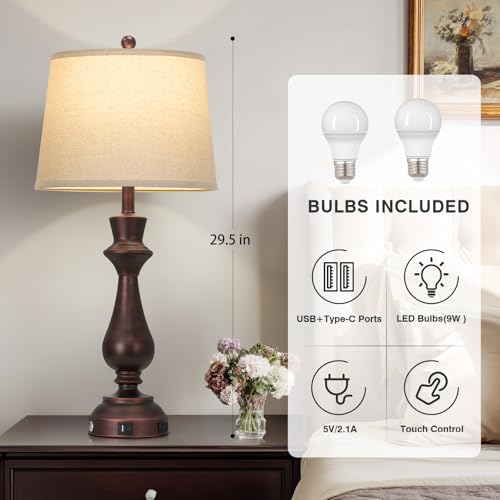 Cinkeda Touch Lamps for Night Stands Set of 2-29.5" Tall Bedside Lamp with USB C+A, 3 Way Dimmable Bedroom Lamps, Vintage Brown Table Lamps for Living Room - color: Brown