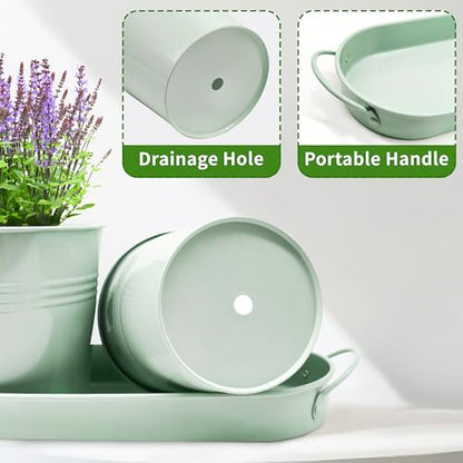 Metal Herb Garden Planter Set with Tray, 3-Pack Green Zinc-Coated Windowsill Plant Pots with Drainage Holes & Handles for Indoor Outdoor Kitchen Garden - color: Green
