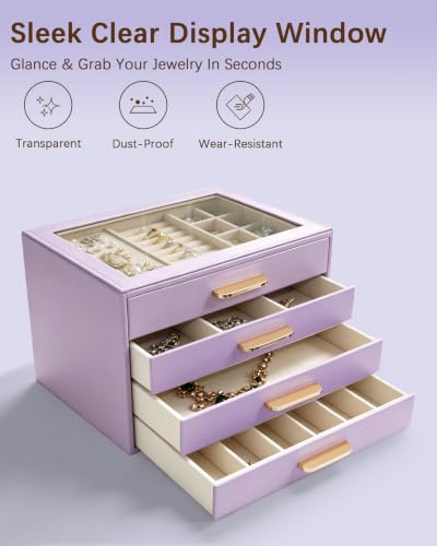 Homeanda Jewelry Boxes Organizer with Glass Lid, 4-Layer PU Leather, Purple - color: Lavender Purple, size: 4 Layer