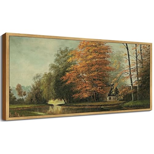 SHENIFY Vintage Framed Wall Art Countryside River Landscape Painting Retro Fall Scenery Farmhouse Kitchen Living Room Decor - 8x16in Natural Framed - color: Countryside River, size: 16"L x 8"W