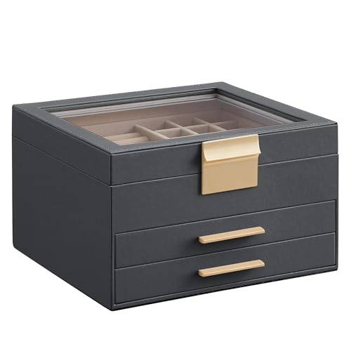 SONGMICS Jewelry Box Organizer, 3-Layer Storage with 2 Drawers, Glass Lid - color: Gray + Gold, size: 3 Layer (8"d X 9.1"w)