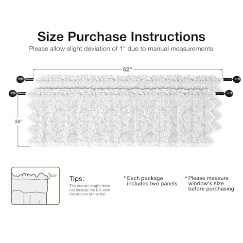Rinwoc White Lace Semi-Sheer Valance Curtains – Vintage Floral Lace for Bedroom, Privacy Light Filtering Rod Pocket Window Drapes, Elegant Scalloped Valances Tier, 2 Panels 52W x 36L Inch - color: White Plume, size: 52"W x 36"L (Pack of 2)