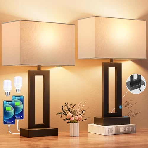 Nightstand Table Lamps for Bedrooms Set of 2 - Touch Bedside Lamp with USB C+A, 3 Way Dimmable Living Room Lamps for End Tables Set of 2, Modern Night Stand Lamps for Bed Side Guest Room(White) - color: C. White&Black, size: Medium(19.6in)