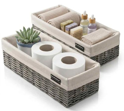 Brookstone Over the Toilet Tank Wicker Storage Basket, Bathroom and Closet Organizers and Storage Bins with Fabric Liner, Grey, 2 Pack Set - color: Grey Two Pack with Liner
