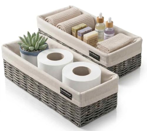 Brookstone Over the Toilet Tank Wicker Storage Basket, Bathroom and Closet Organizers and Storage Bins with Fabric Liner, Grey, 2 Pack Set - color: Grey Two Pack with Liner