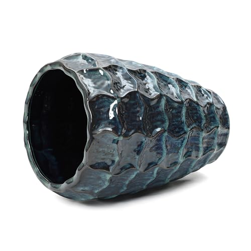 LuxenHome 17.7" Blue Ceramic Plant Pot, Tall Planter with Geometric Texture