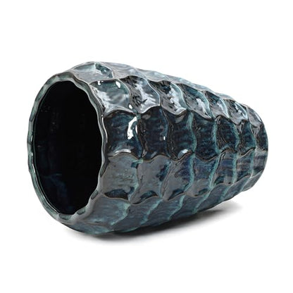 LuxenHome 17.7" Blue Ceramic Plant Pot, Tall Planter with Geometric Texture